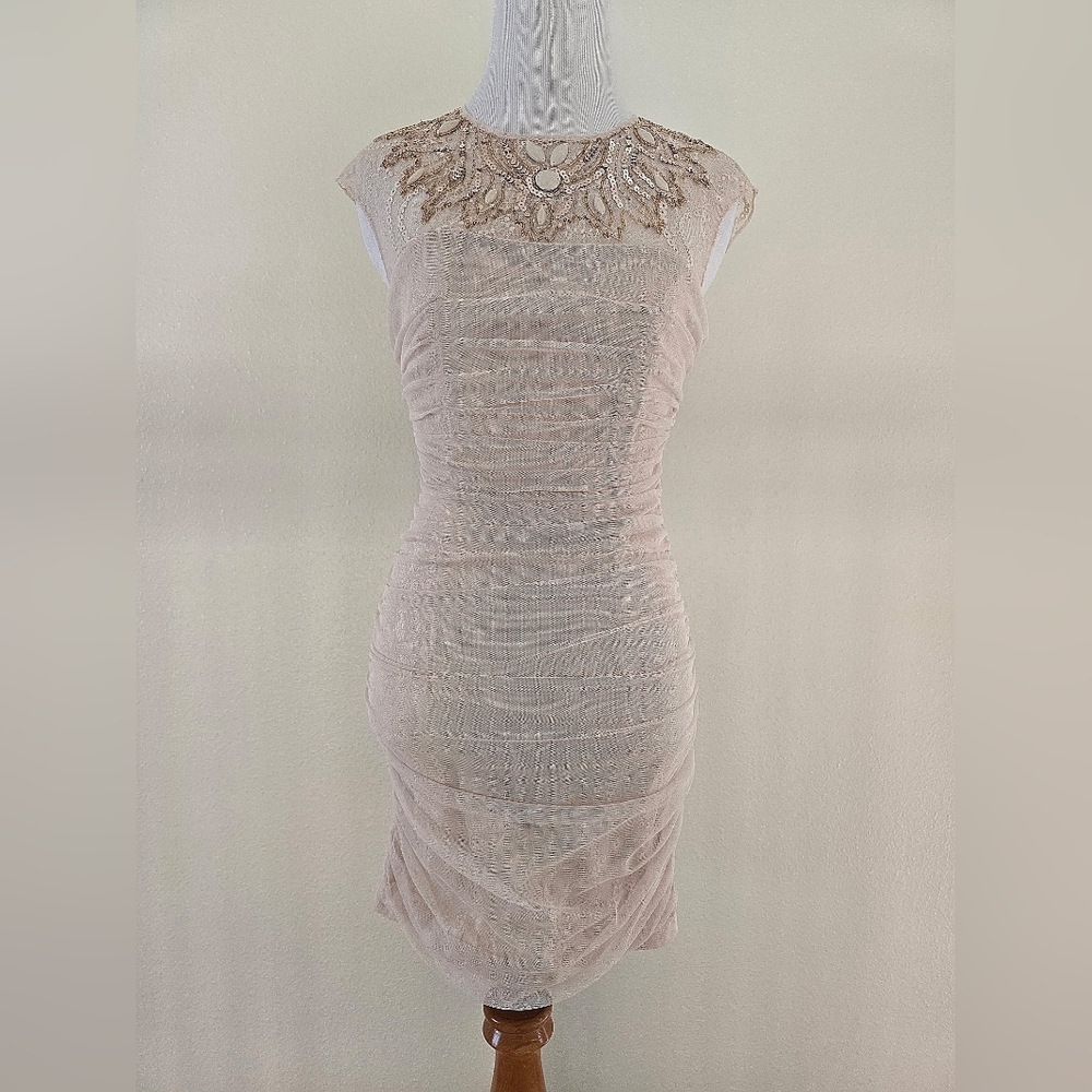 Bebe Cream Mini Dress with Gold Embellishments Size XS